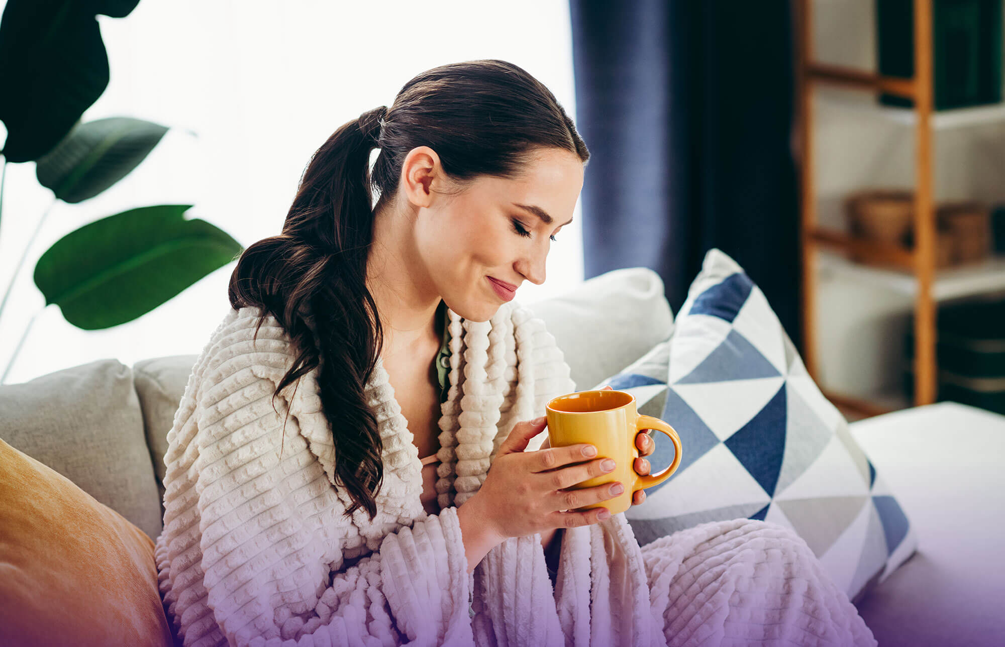 woman holding warm mug cozy evening - image